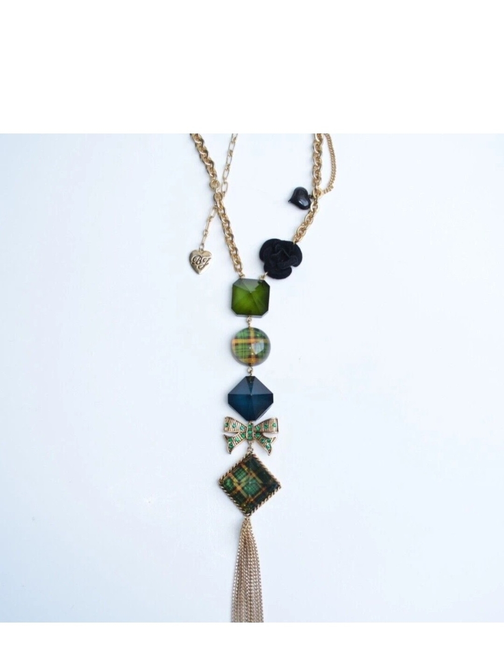 Y2K vintage Betsey Johnson Green Plaid & Blue Lucite Charm Necklace